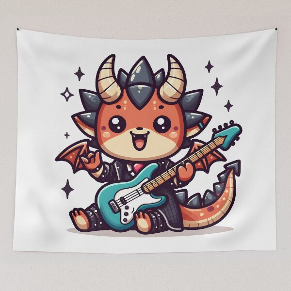Item preview, Kawaii Adorable Dragon With Guitar And Rockstar Outfit designed and sold by CanvasCutie.