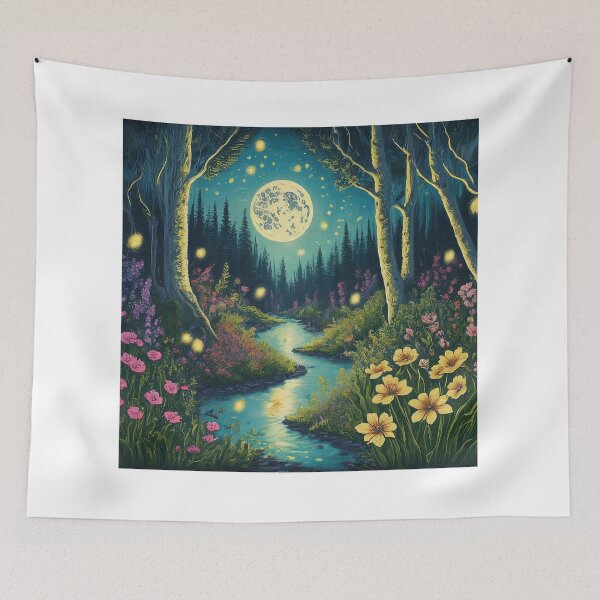 Item preview, Enchanting Moonlit Forest with Dancing Fireflies Art Print designed and sold by SSulatul101.