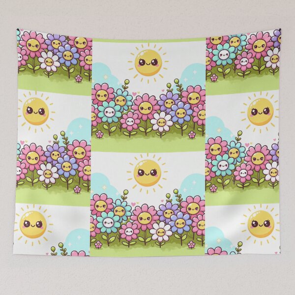 Item preview, Cute kawaii manga cartoon field flower flowers pink yellow Blue wildflowers  designed and sold by Coolparrotgirl.