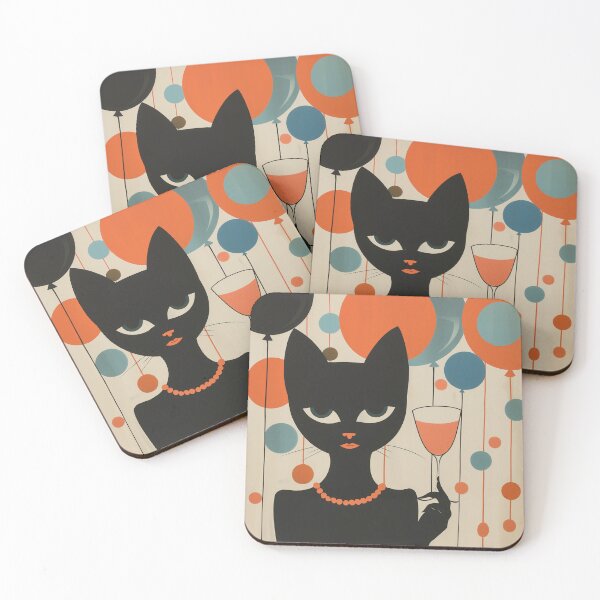 Artikelvorschau, Martini Muse, schwarze Katze hält einen Martini, Vintage-Wandkunst, edle feminine Katzen-Wohndekoration entworfen und verkauft von Pixeldayze.