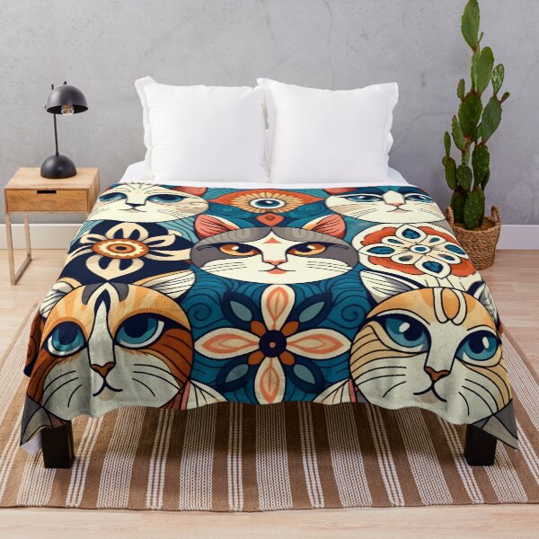 Item preview, Folk Art Cat Illustration - Whimsical Feline Pattern Artwork designed and sold by PillowTalkyZone.