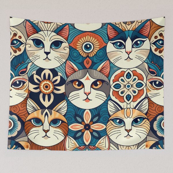 Item preview, Folk Art Cat Illustration - Whimsical Feline Pattern Artwork designed and sold by PillowTalkyZone.