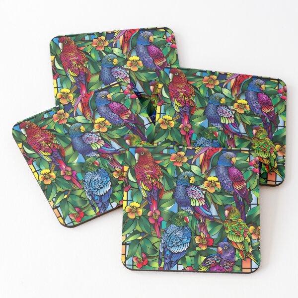 Item preview, A colourful stain glass of rosellas and flowers designed and sold by CoolCrazyQuirky.