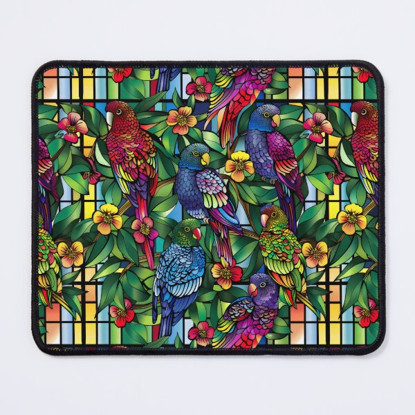Item preview, A colourful stain glass of rosellas and flowers designed and sold by CoolCrazyQuirky.