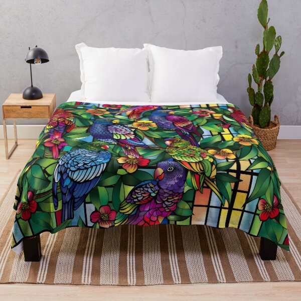 Item preview, A colourful stain glass of rosellas and flowers designed and sold by CoolCrazyQuirky.
