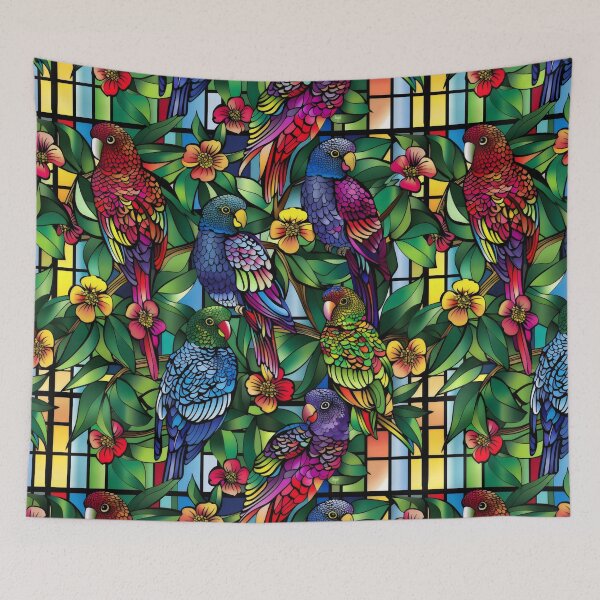 Item preview, A colourful stain glass of rosellas and flowers designed and sold by CoolCrazyQuirky.