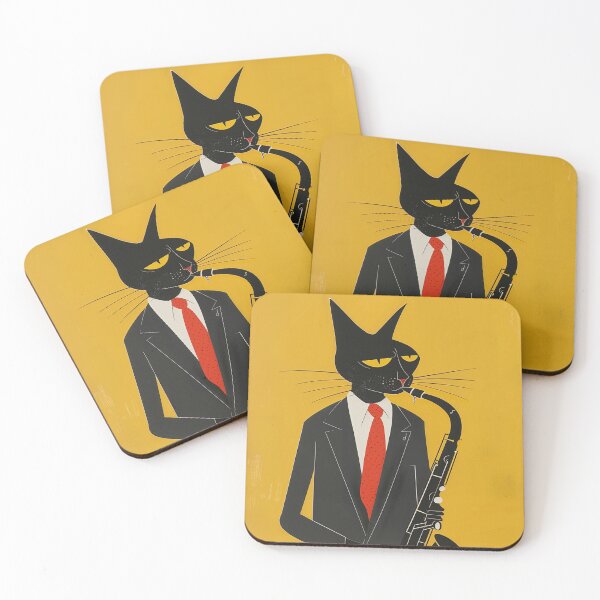 Item preview, Jazz Cat, Flat Illustration Wall Art of Black Cat Playing Saxophone designed and sold by Pixeldayze.