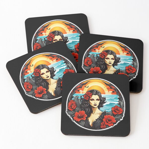 Item preview, Gothic Vampire Lady with Red Lips and Orchids on a Beach at Sunset designed and sold by NautiChic.