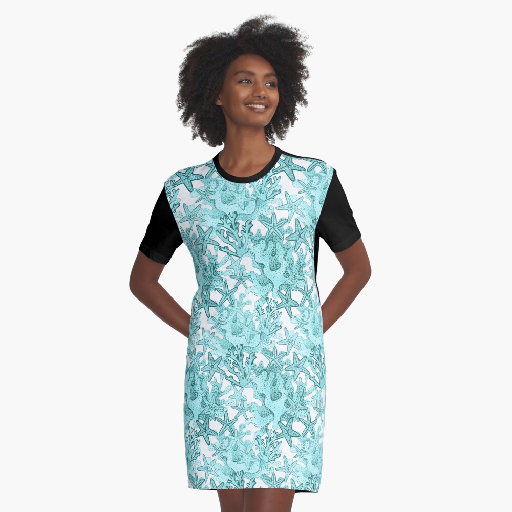 Starfish Watercolor Aqua coral reef ,ocean home decor Graphic T-Shirt Dress