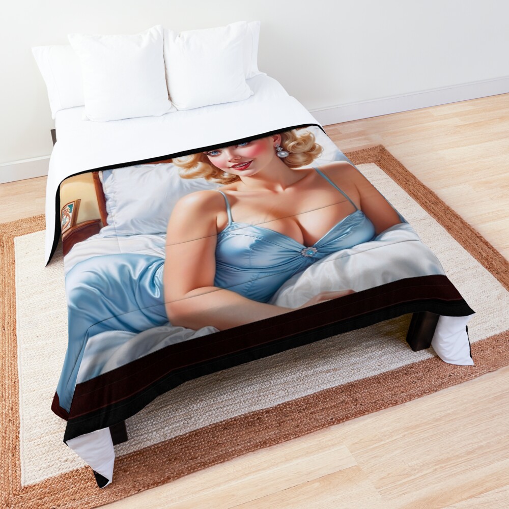 The Bed Is Just Fine AI Concept Art by Xzendor7 - Says The Captivating Blue Eyed Blonde 3 The Bed Is Just Fine Astonishing AI Concept Art by Xzendor7 Decorative Comforter