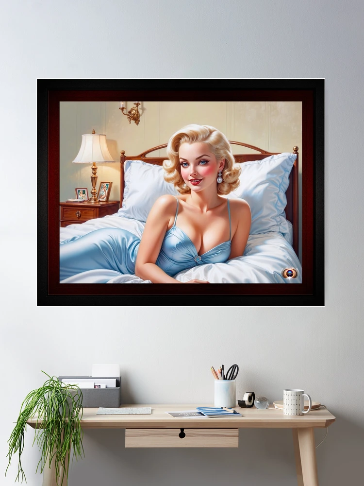The Bed Is Just Fine AI Concept Art by Xzendor7 - Says The Captivating Blue Eyed Blonde 2 The Bed Is Just Fine Astonishing AI Concept Art by Xzendor7 Room Decor Poster Art Print