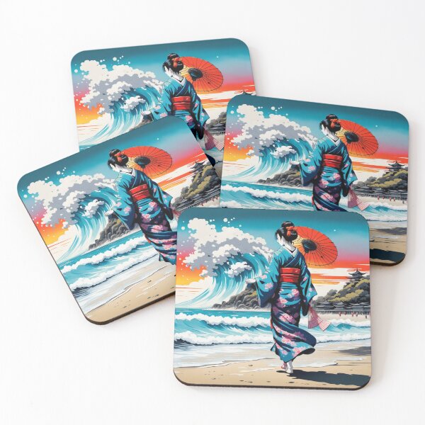 Item preview, Unique Geisha on the beach big wave tsunami sunrise sunset designed and sold by Coolparrotgirl.