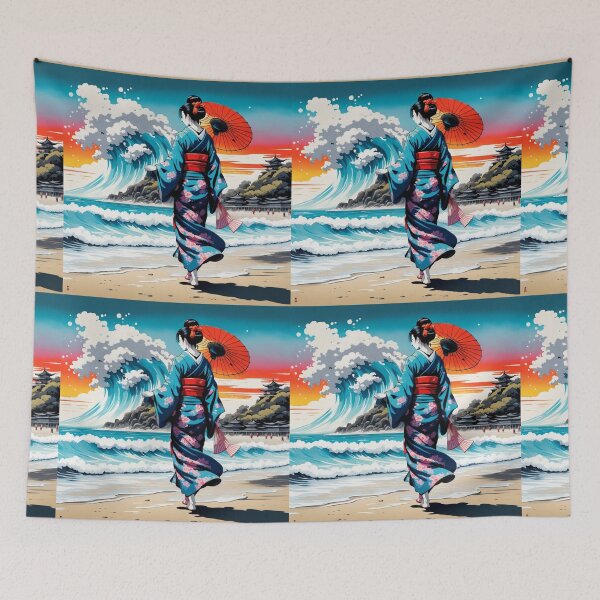 Item preview, Unique Geisha on the beach big wave tsunami sunrise sunset designed and sold by Coolparrotgirl.
