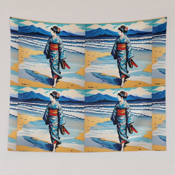 Item preview, Geisha on the beach yellow sand sunrise sunset designed and sold by Coolparrotgirl.