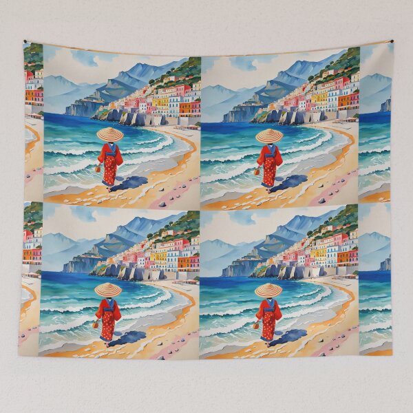 Item preview, Geisha in Italy Amalfi coast on the beach with big sun hat designed and sold by Coolparrotgirl.