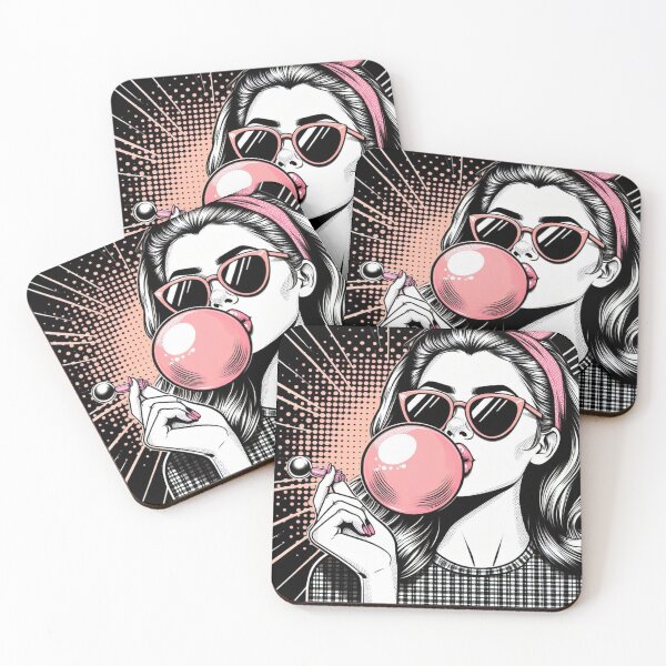 Item preview, Femme soufflant une bule with a bubble gum rose, et Pop! bubbles, pop art style designed and sold by StickerStudio27.