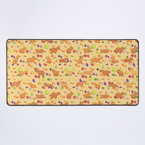 Item preview, Cuddly capybara with colorful fruit repeating background - yellow designed and sold by Maysoulrose.