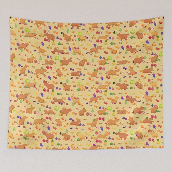Item preview, Cuddly capybara with colorful fruit repeating background - yellow designed and sold by Maysoulrose.