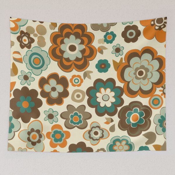 Aperçu de l'œuvre Motif floral rétro groovy en orange, marron et vert créée et vendue par PrettyPinkSkies.