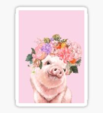 Baby Pig with Flowers Crown in Pink Sticker
