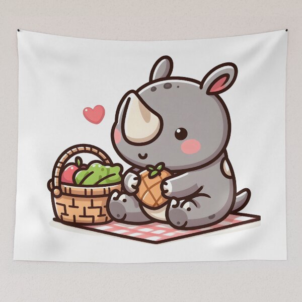 Item preview, Kawaii Rhino Having A Picnic With A Picnic Basket designed and sold by CanvasCutie.