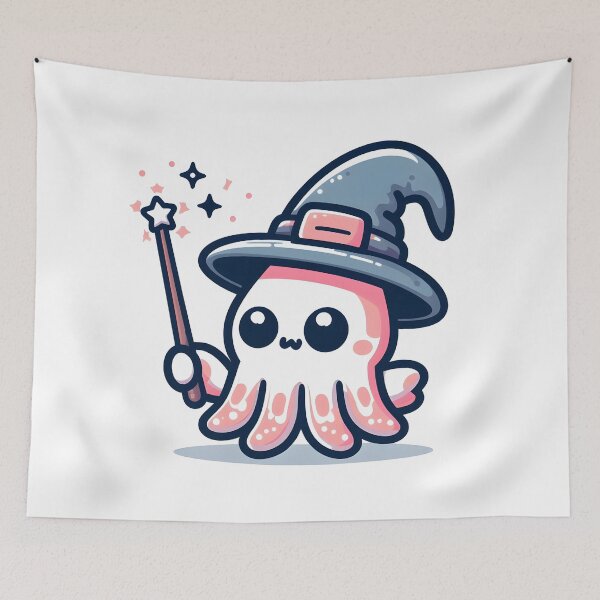 Item preview, Kawaii Squid With Wizard Hat And Wand designed and sold by CanvasCutie.