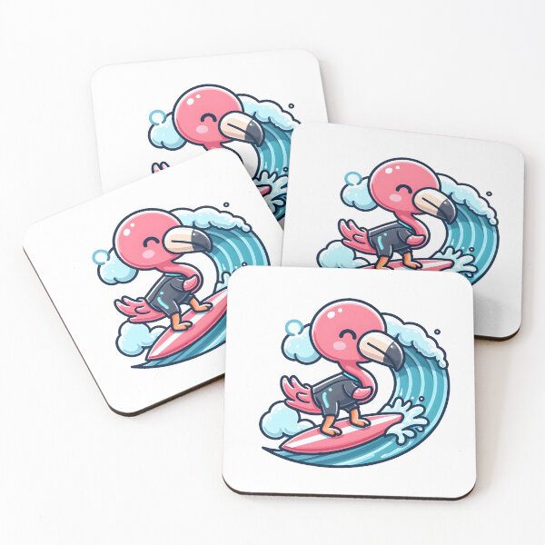 Item preview, Kawaii Flamingo With Wetsuit And A Surfboard Leash Surfing On A Wave designed and sold by CanvasCutie.