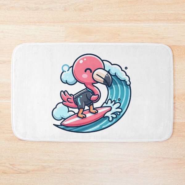 Item preview, Kawaii Flamingo With Wetsuit And A Surfboard Leash Surfing On A Wave designed and sold by CanvasCutie.