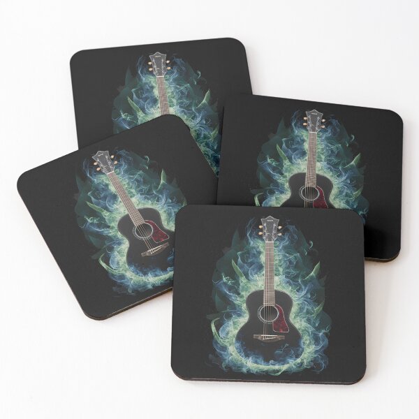 Aperçu de l'œuvre Une guitare acoustique aux flammes bleues et vertes créée et vendue par martindesignden.