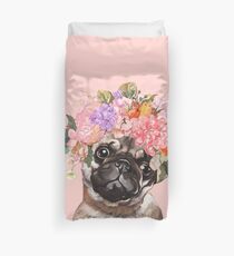 The Melancholic Pug with Flowers Crown in Pink Duvet Cover