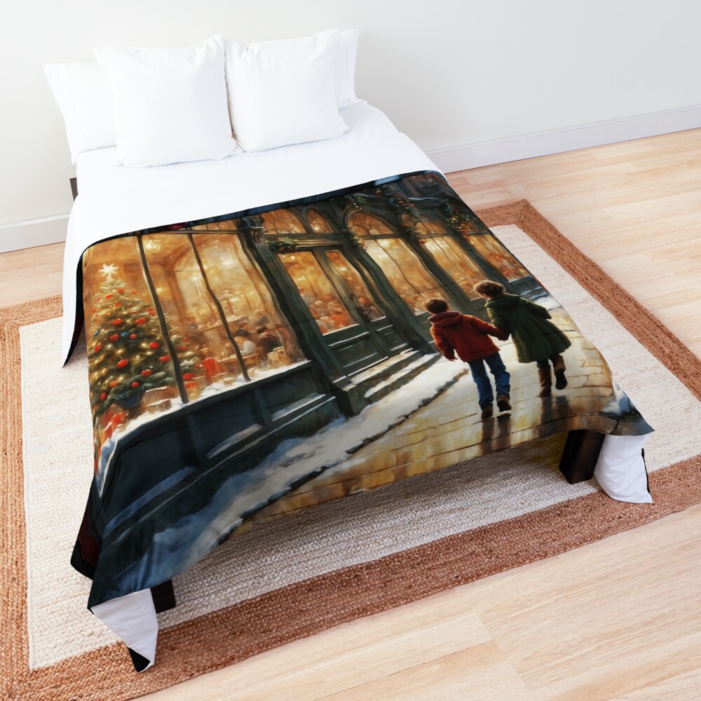 Children Viewing A Restaurant Christmas Celebration AI Concept Art by Xzendor7 - Captivating The Joy Of The Season 3 Children Viewing A Restaurant Christmas Celebration Enchanting AI Concept Art by Xzendor7 Decorative Comforter
