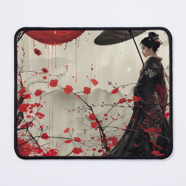 Item preview, Elegant woman in traditional outfit holding umbrella under crimson autumn maple designed and sold by Jerhus.
