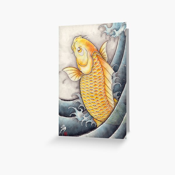 Golden Carp Japanese Koi Greeting Card By Yakudo Kan Redbubble