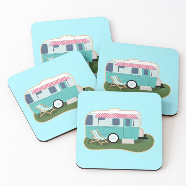 Item preview, Aqua Vintage Style Camper with Pink White Polka Dots Awning Brown Border designed and sold by CheriesArt.