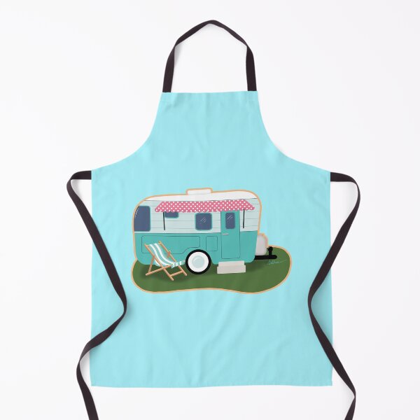 Item preview, Aqua Vintage Style Camper with Pink White Polka Dots Awning Brown Border designed and sold by CheriesArt.