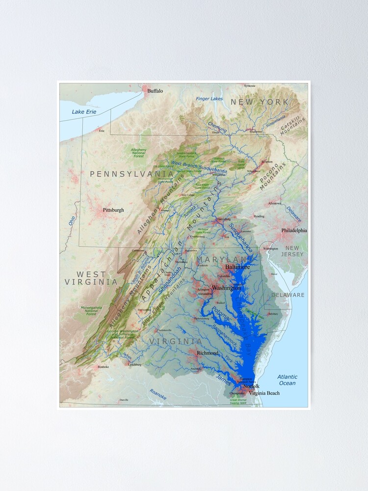 Chesapeake Bay Watershed Map Labeled Poster By Kmusser Redbubble