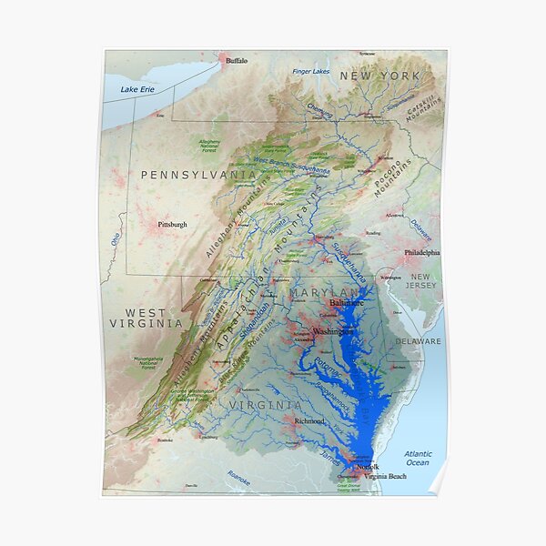 Chesapeake Bay Watershed Map - Labeled Poster