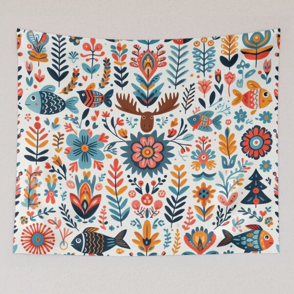 Item preview, Scandinavian Folk Art Moose head with fishes Animal pattern by heidiannemorris © designed and sold by FOLK ART FUSION by heidiannemorris.