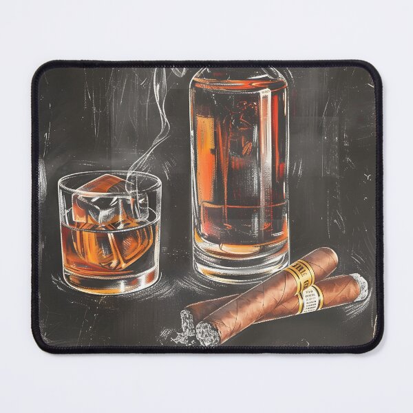 Artikelvorschau, Minimalistische, elegante Nostalgie – Zigarren- und Vintage-Whisky-Flasche, gealterte Glaskreidekunst, generative KI entworfen und verkauft von OlfactoART Studio.