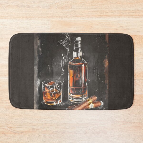 Artikelvorschau, Minimalistische, elegante Nostalgie – Zigarren- und Vintage-Whisky-Flasche, gealterte Glaskreidekunst, generative KI entworfen und verkauft von OlfactoART Studio.