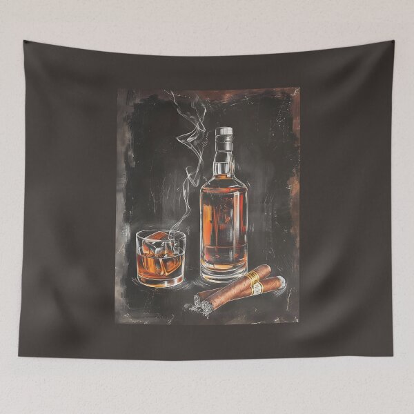 Artikelvorschau, Minimalistische, elegante Nostalgie – Zigarren- und Vintage-Whisky-Flasche, gealterte Glaskreidekunst, generative KI entworfen und verkauft von OlfactoART Studio.