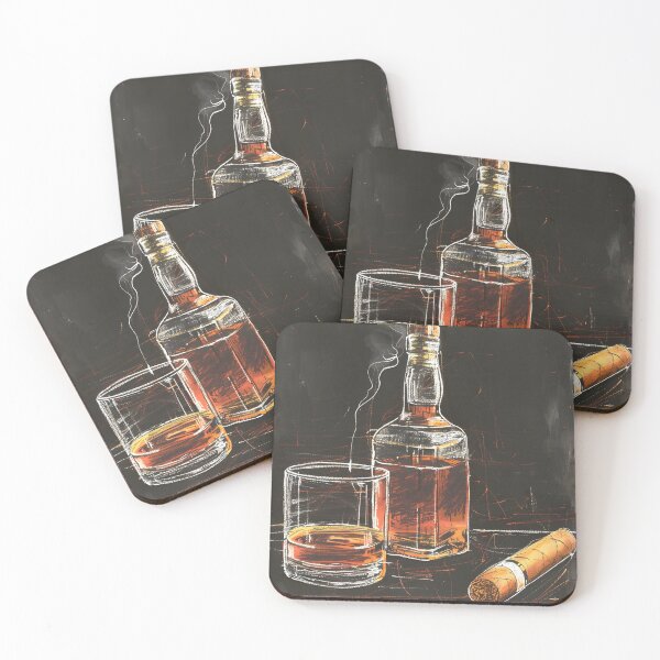 Artikelvorschau, Charmante Vintage-Whisky-Flasche und Zigarren-Tafel-Illustration im Minimalismus, AI generiert entworfen und verkauft von OlfactoART Studio.