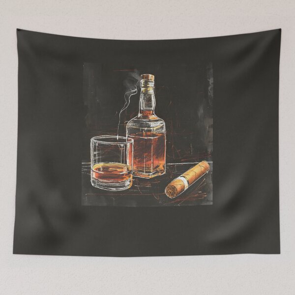 Artikelvorschau, Charmante Vintage-Whisky-Flasche und Zigarren-Tafel-Illustration im Minimalismus, AI generiert entworfen und verkauft von OlfactoART Studio.