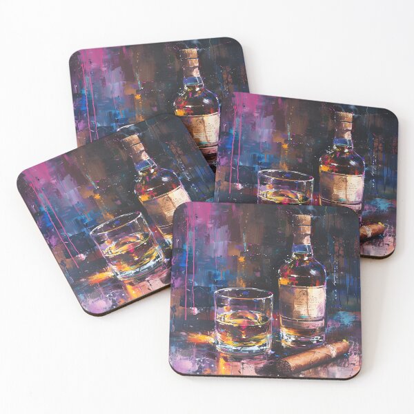 Artikelvorschau, Vintage-Whisky-Serenade – bernsteinfarbenes Leuchten, brennende Zigarre und abstrakte Harmonie, generiert durch KI entworfen und verkauft von OlfactoART Studio.