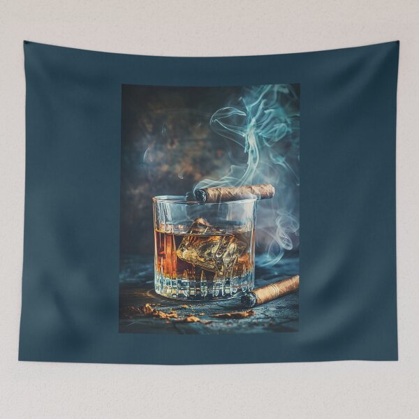 Artikelvorschau, Schottische Whiskyglas- und Zigarrenmalerei, die den Reiz feiner Spirituosen und luxuriösen Genusses widerspiegelt entworfen und verkauft von OlfactoART Studio.