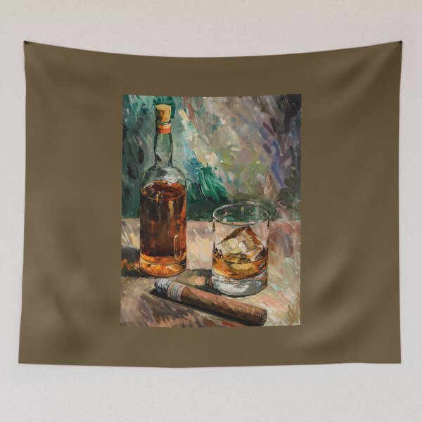 Artikelvorschau, Amber Elegance - Whisky, Glas und Zigarre in einer Pinselstrich-Symphonie Generative AI entworfen und verkauft von OlfactoART Studio.