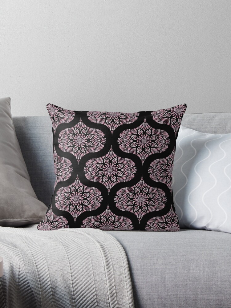 Pillow, Dusky Rose Fronds Dot Mandala Retro Ogee designed and sold by Triplicate Limited