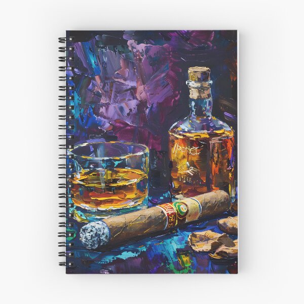 Artikelvorschau, Dynamische Whisky-Szene – lebendige Farbstriche, brennende Zigarre und zerbrochene Nussschalen entworfen und verkauft von OlfactoART Studio.