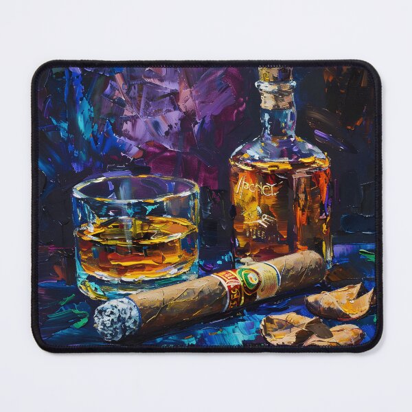 Item preview, Dynamic Whiskey Scene- Vibrant Strokes of Color, Lit Cigar, and Shattered Nutshells designed and sold by OlfactoART Studio.