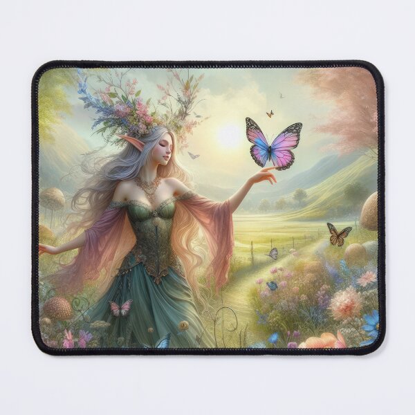 Item preview, female elf with butterfly and flowers happy fantasy easter landscape designed and sold by Expressions-Sel.